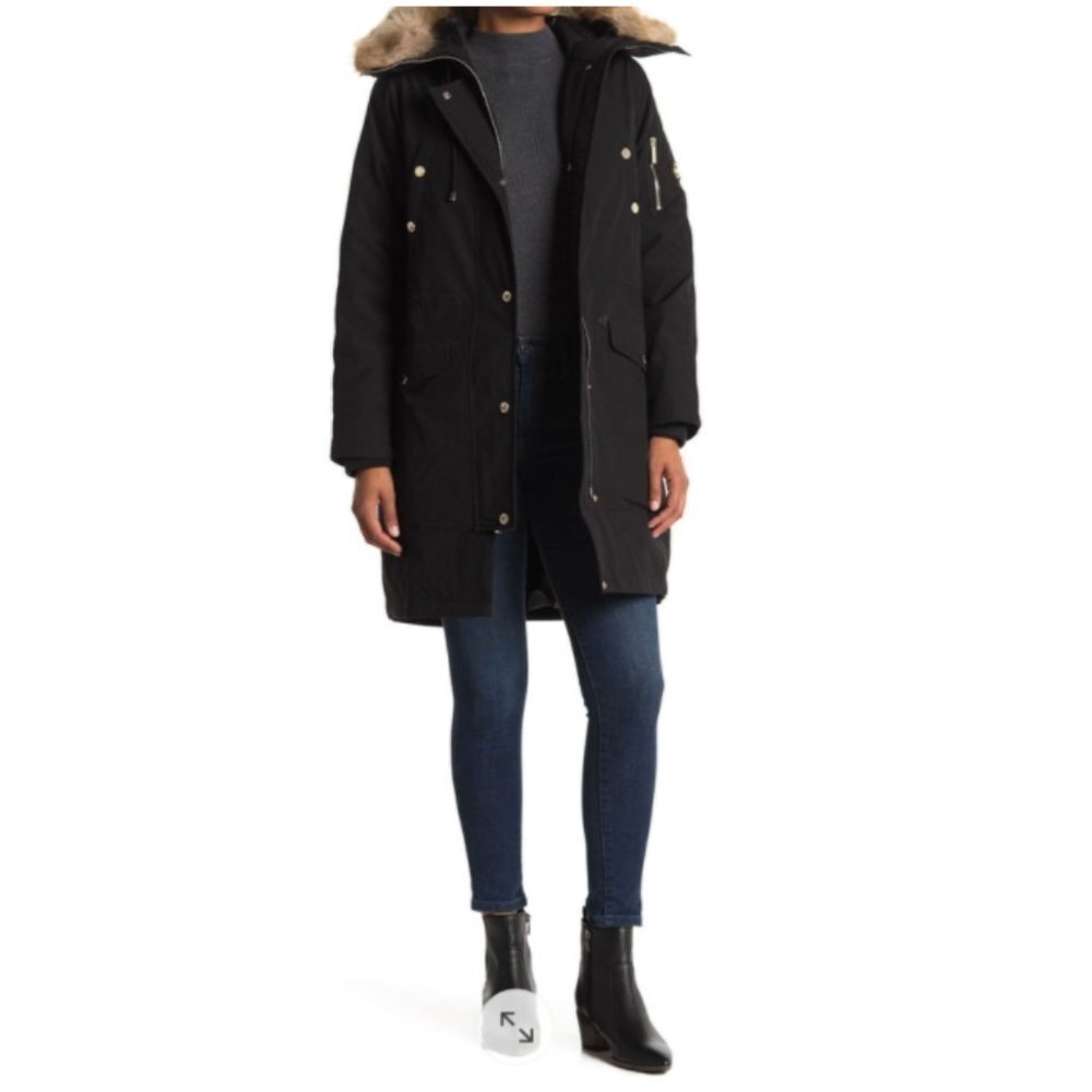 Michael Kors Missy Faux Fur Down Filled Black Anorak Parka Coat Extra Small